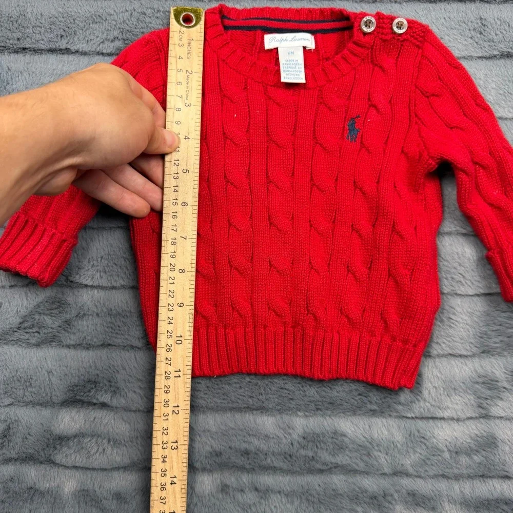 Ralph Lauren Baby Red Cable Knit Cotton Sweater 6M Button Shoulder Pullover